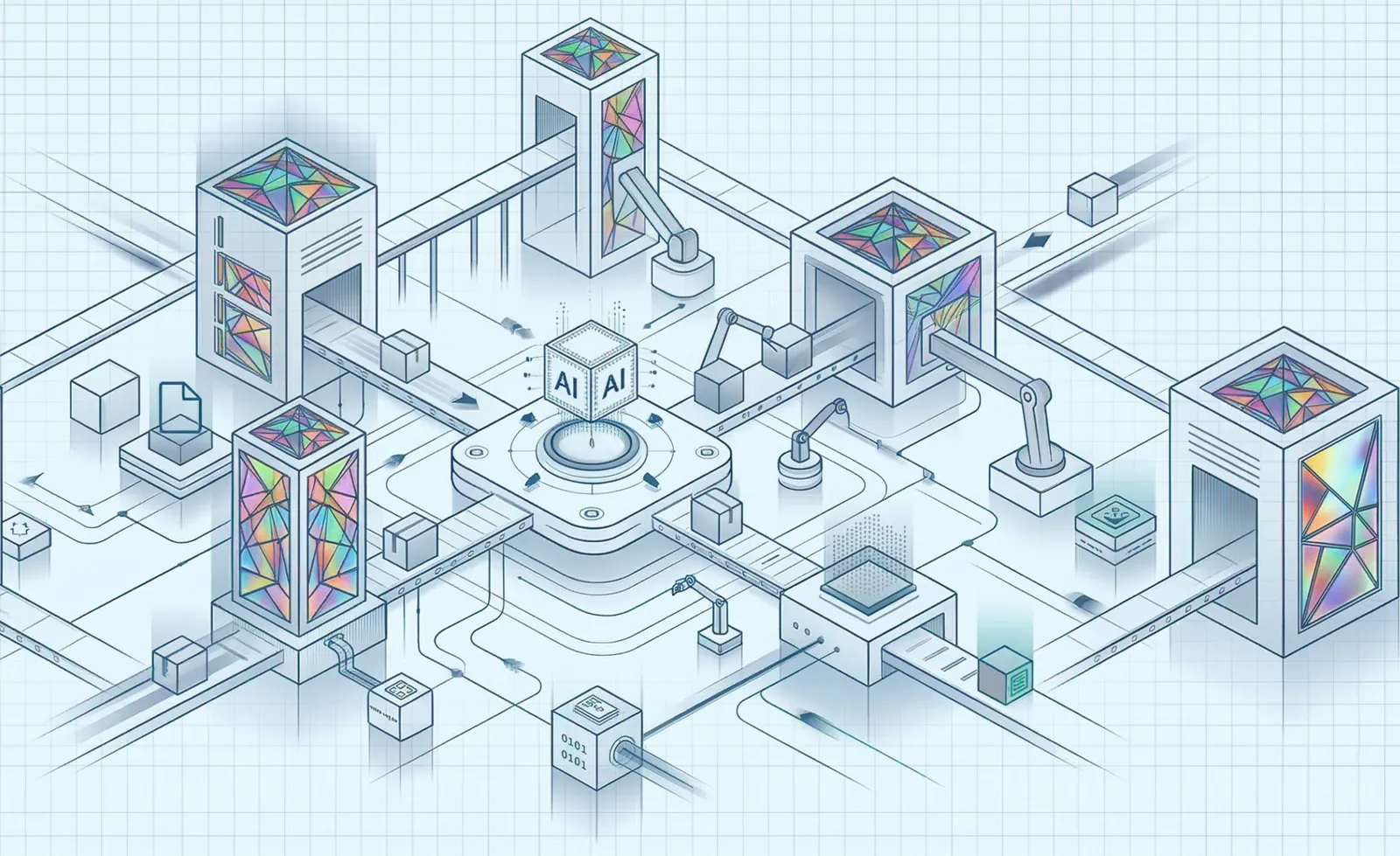 Isometric illustration of an AI factory with connected compute modules and data pipelines