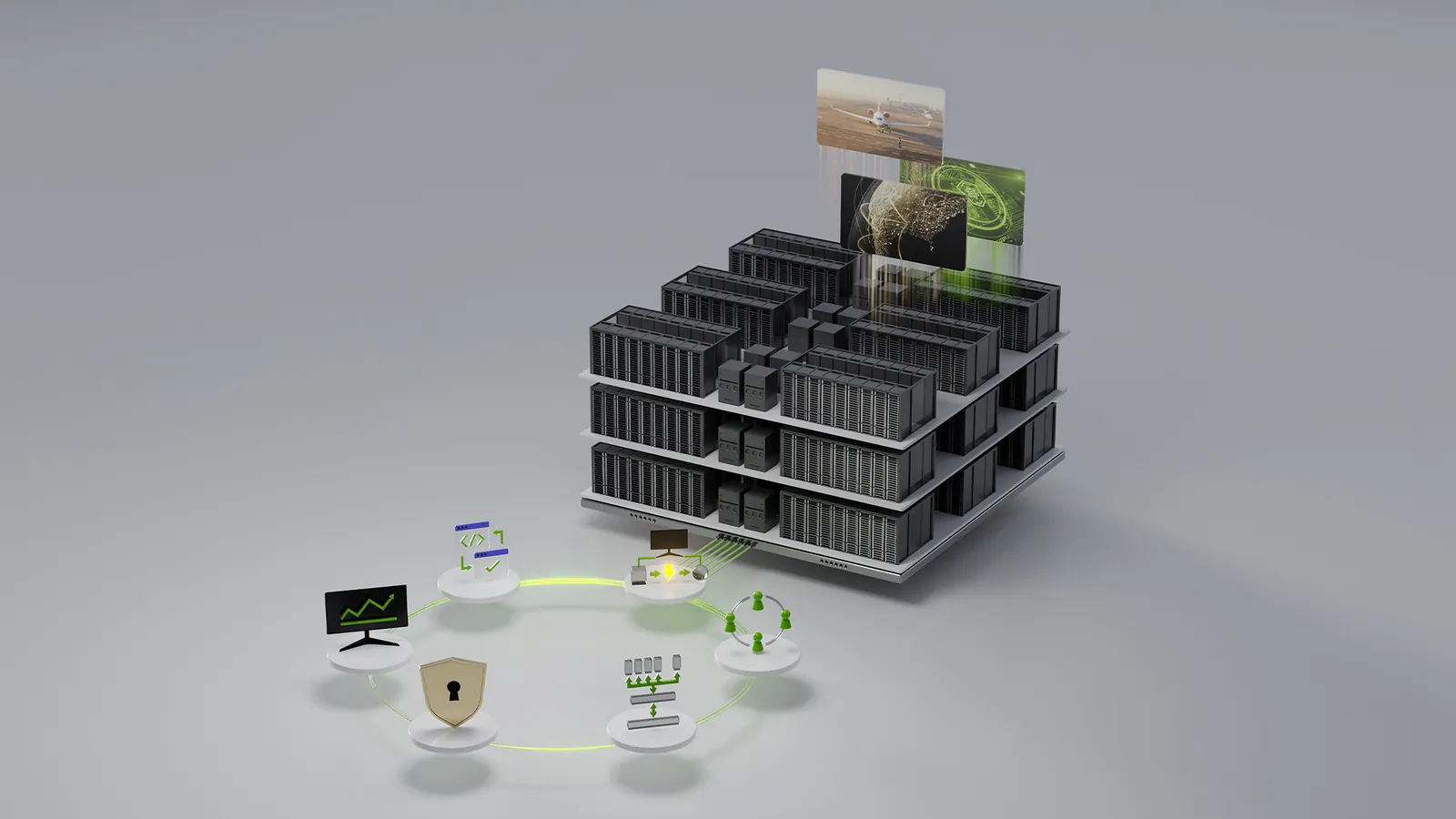 3D render of an AI factory server rack with connected devices around it