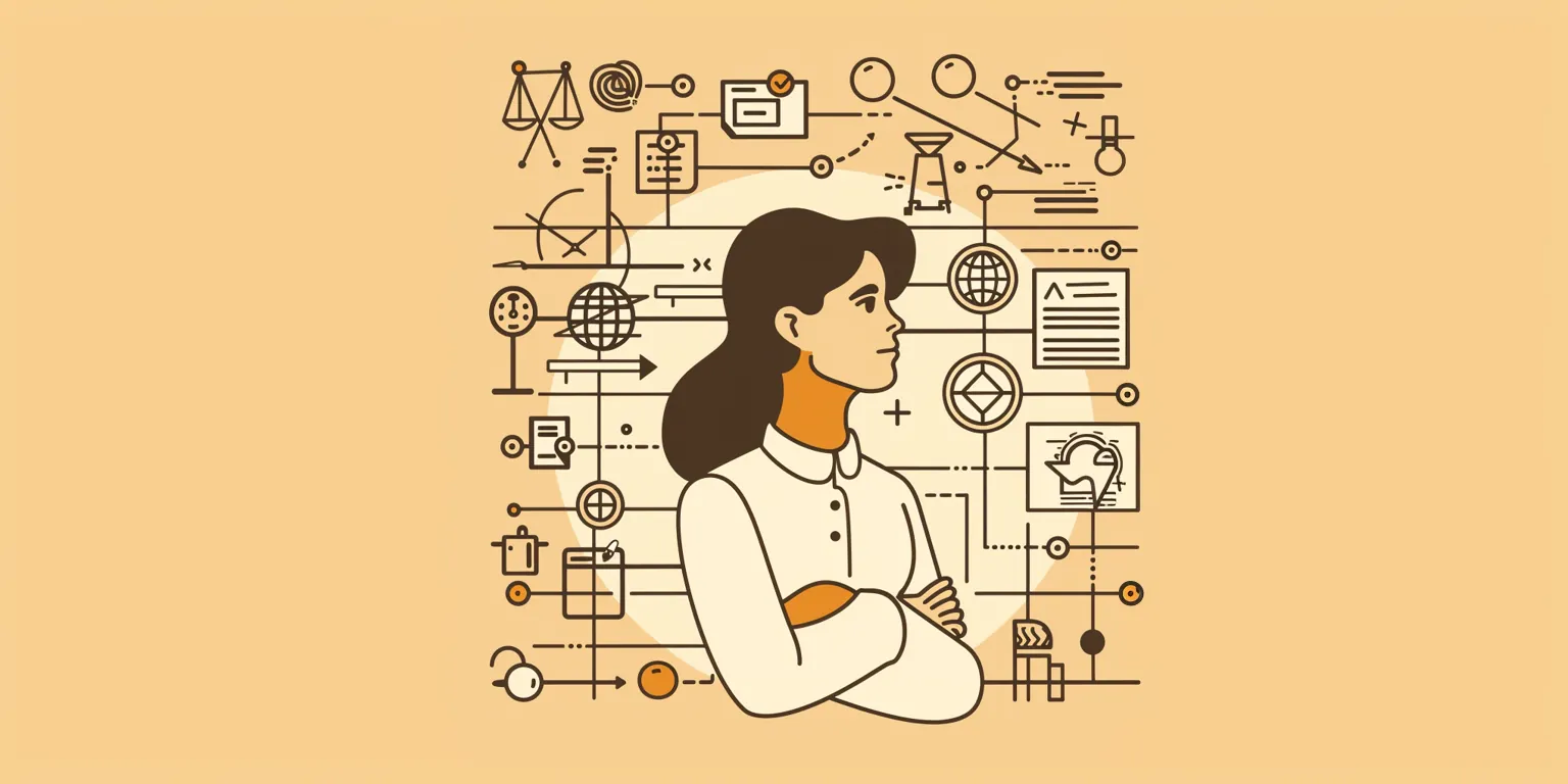 Line illustration of a woman with crossed arms surrounded by data, document and analytics icons