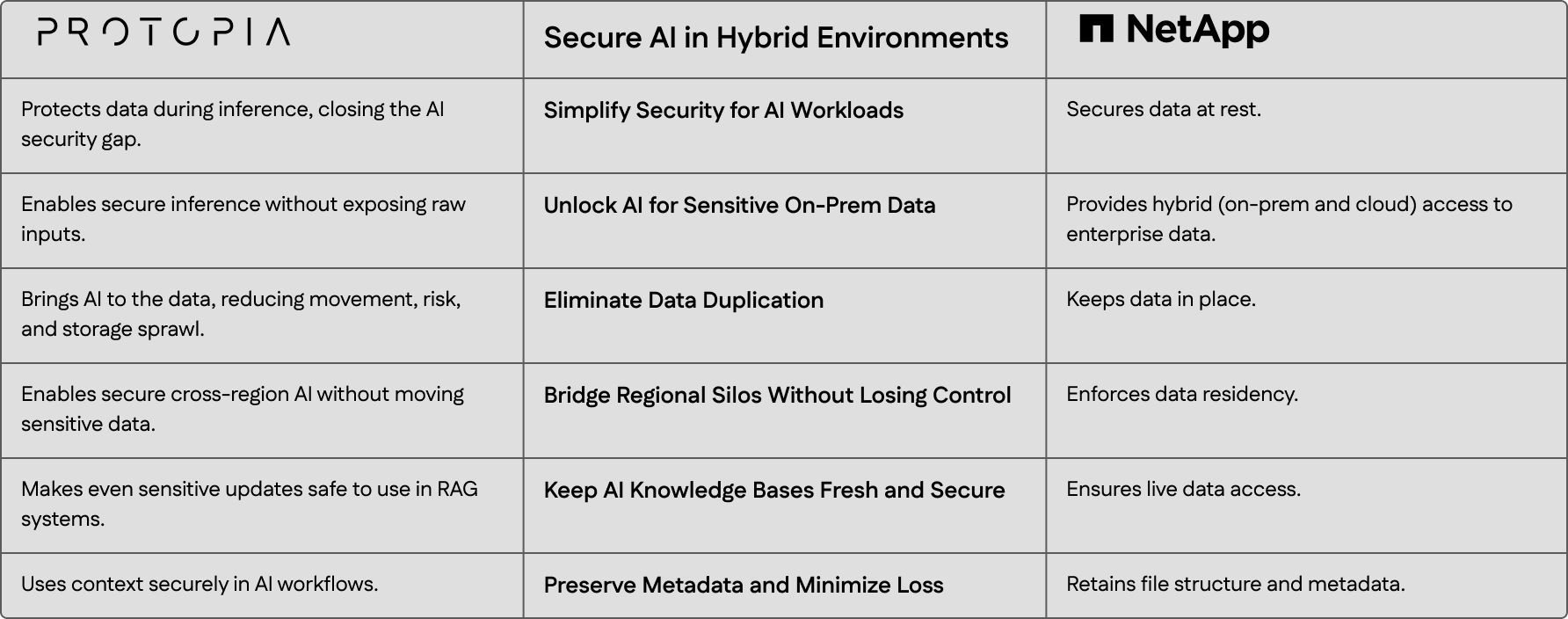 Table comparing Protopia and NetApp capabilities for secure AI in hybrid environments