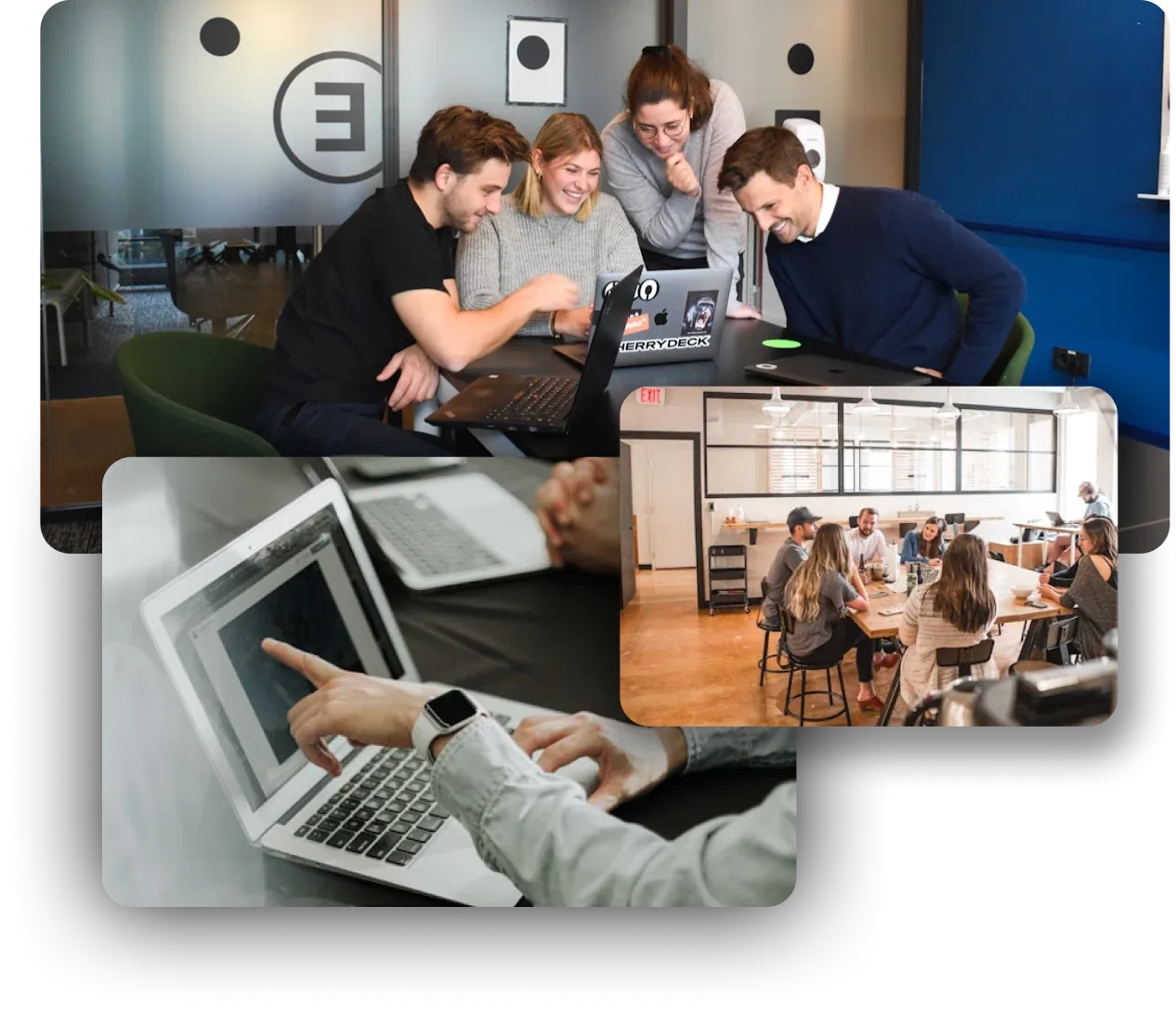 Collage of team members collaborating at a laptop and in an office